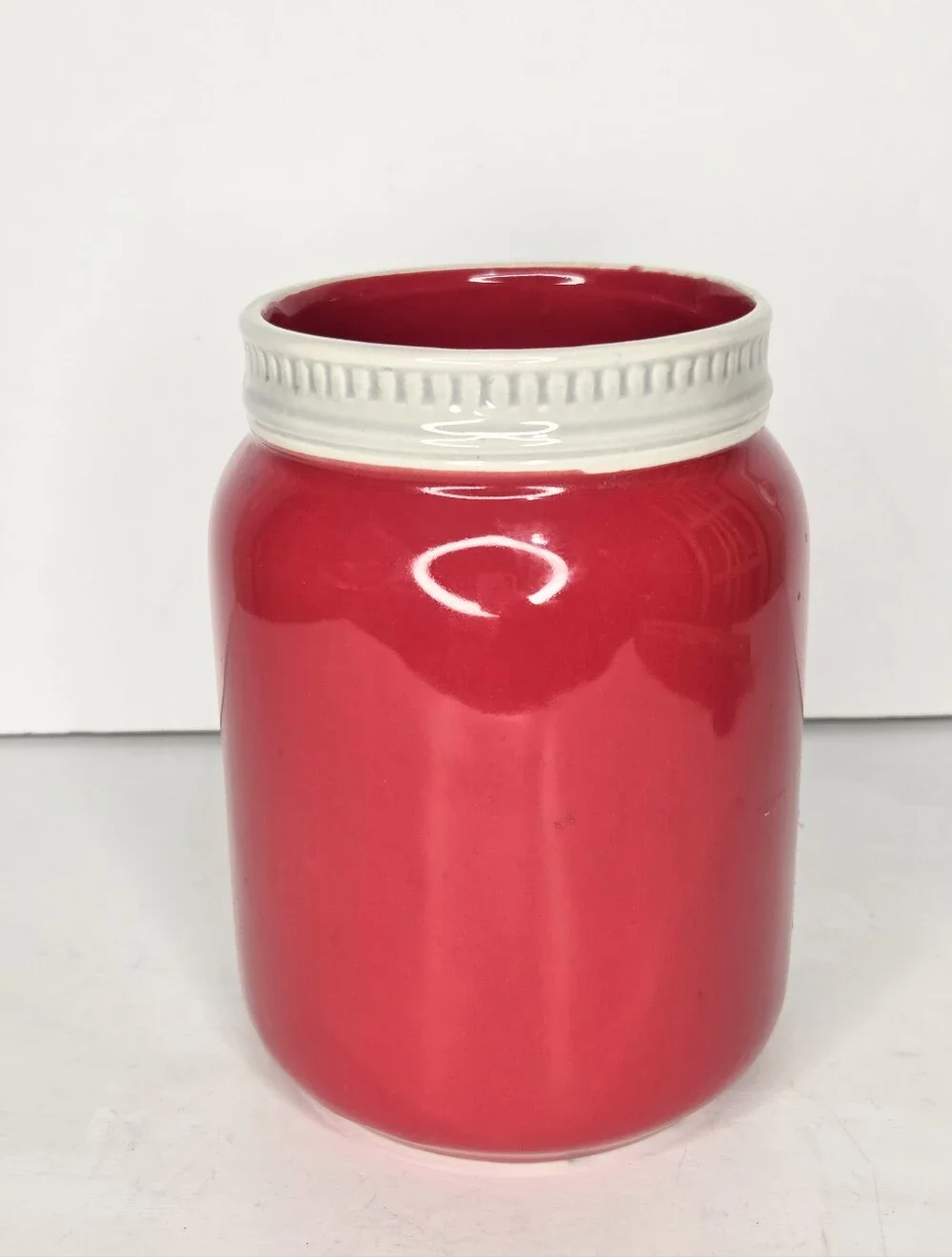 Red Ceramic Mason Jar Crock Utensil Holder Farmhouse Vase Country Decor